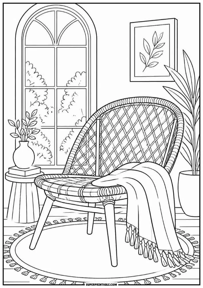Rattan lounge chair with blanket, plants, window, and rug.