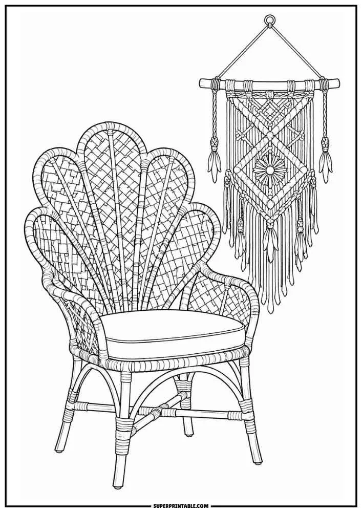 Peacock rattan chair beside a hanging macrame wall decoration.