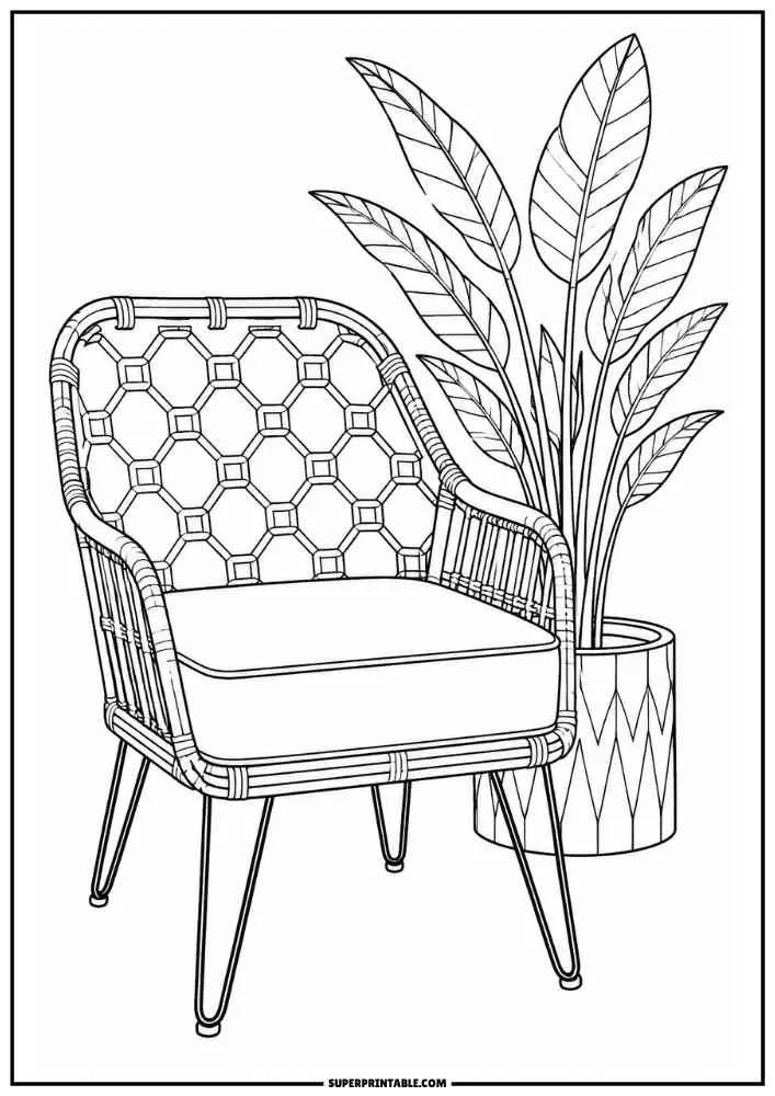 Modern rattan chair beside a tall potted plant.