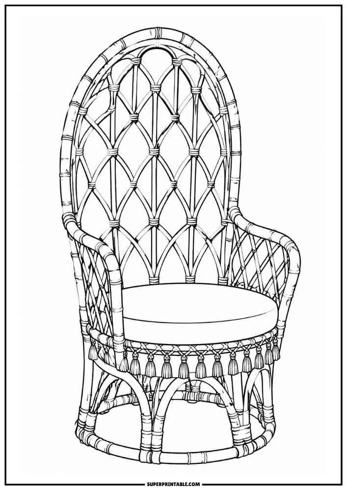 High back rattan chair with tassel trim and cushion.