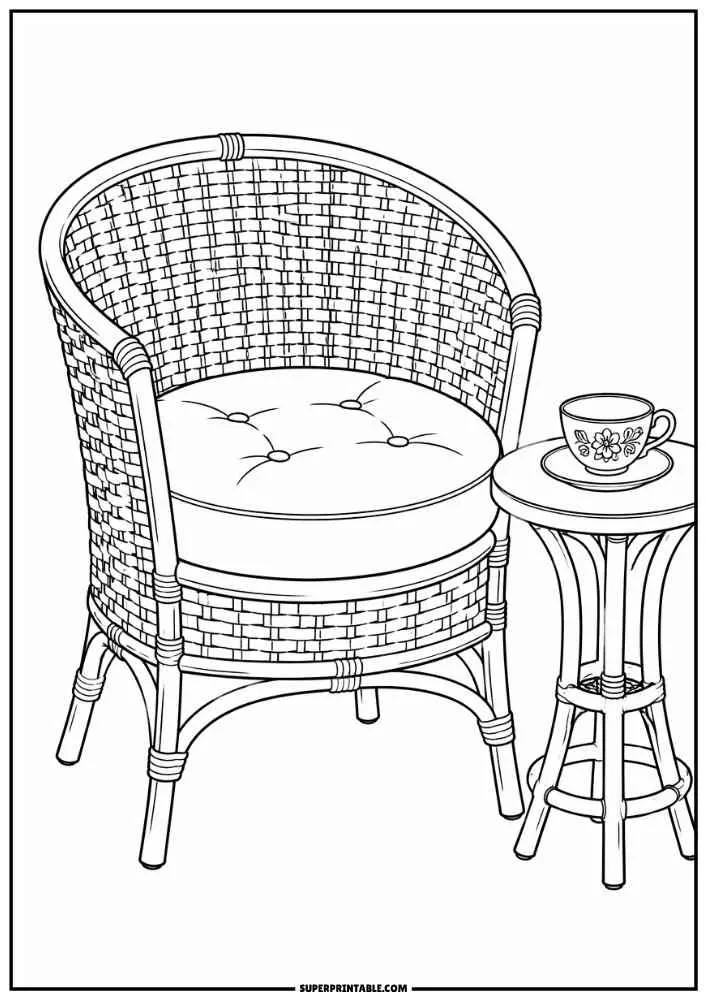 Rattan chair beside a small table with a teacup.