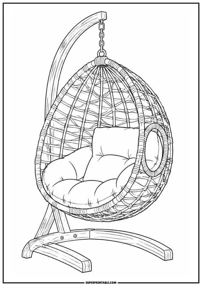 Hanging egg chair with cushions on a wooden stand.