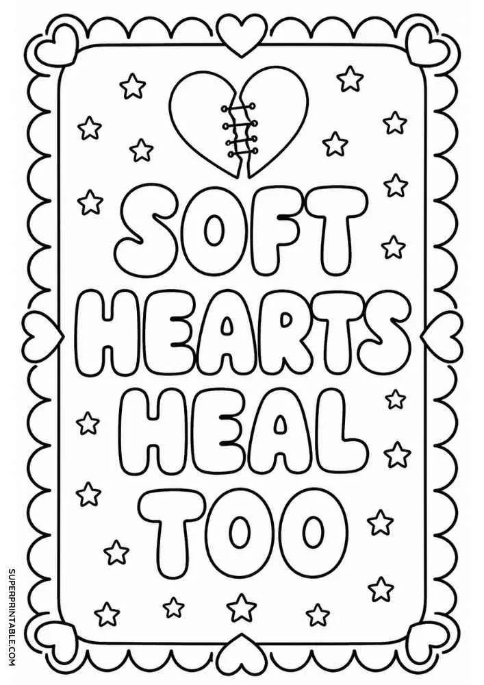 Stitched heart, stars, heart border, and the quote "Soft Hearts Heal Too".