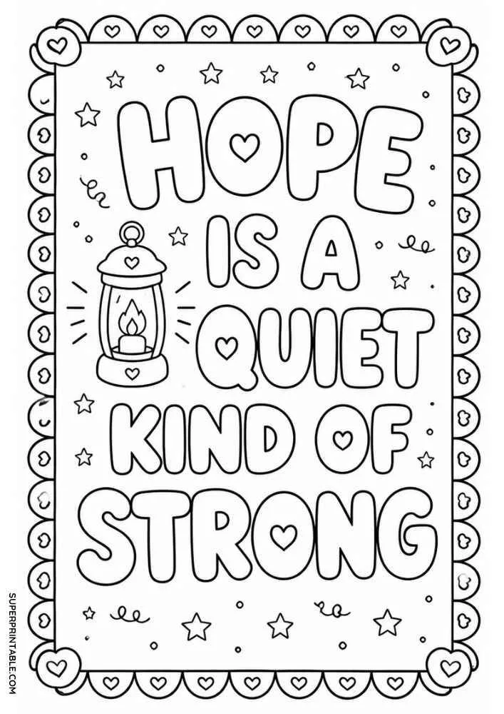 Lantern, stars, hearts, and the quote "Hope Is a Quiet Kind of Strong".