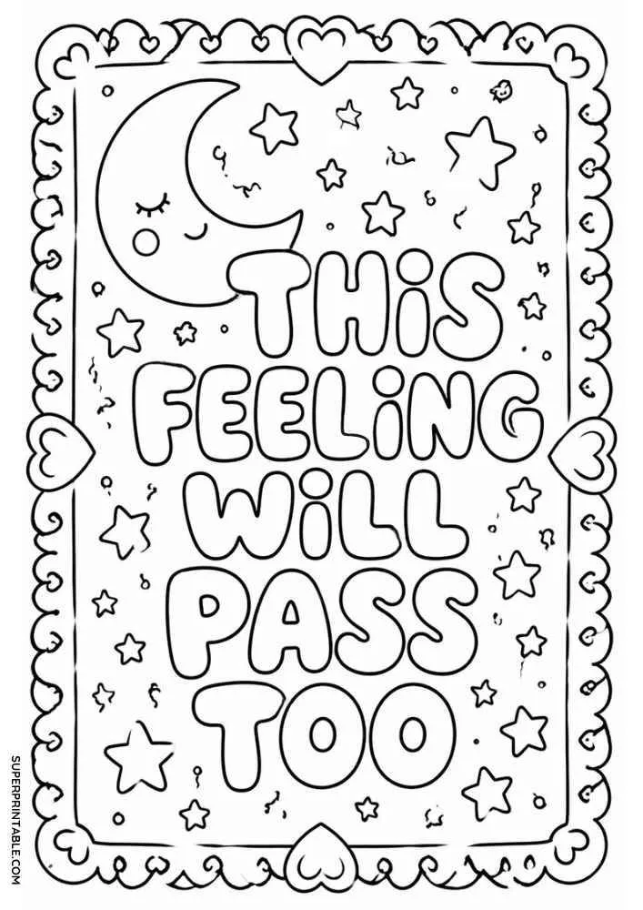 Crescent moon, stars, hearts, and the quote "This Feeling Will Pass Too"