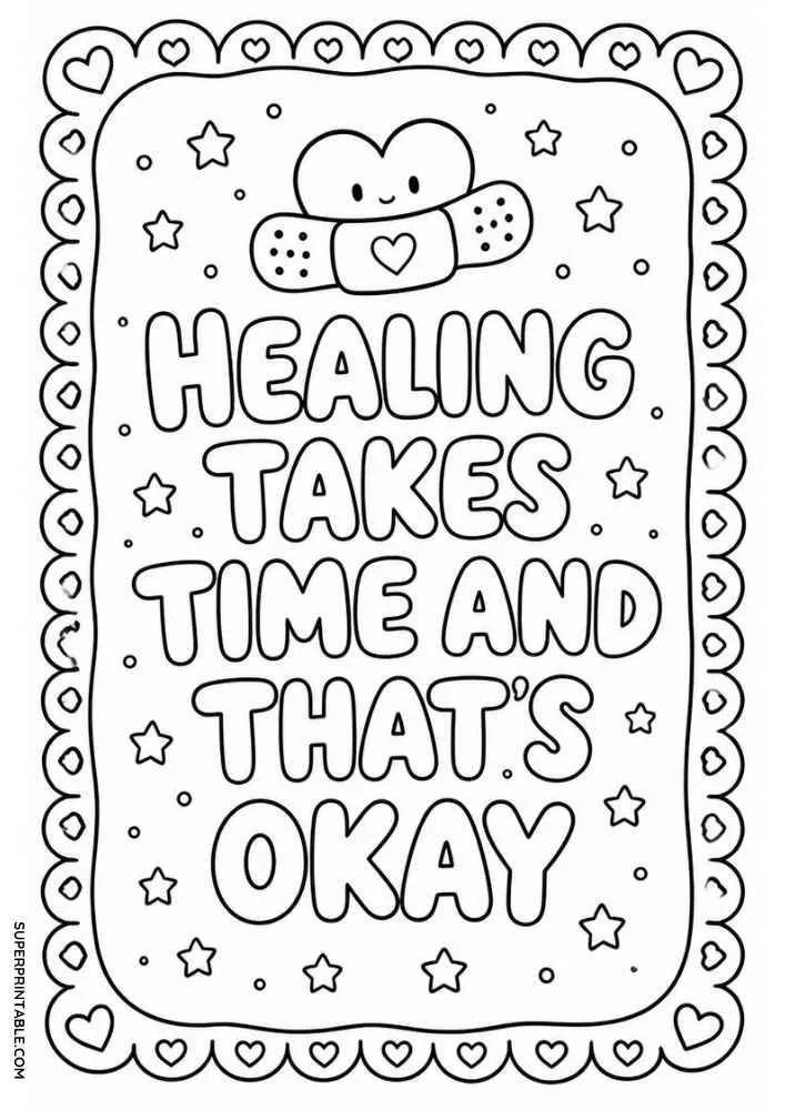 Heart with bandage, stars, hearts, and the quote "Healing Takes Time and That's Okay"