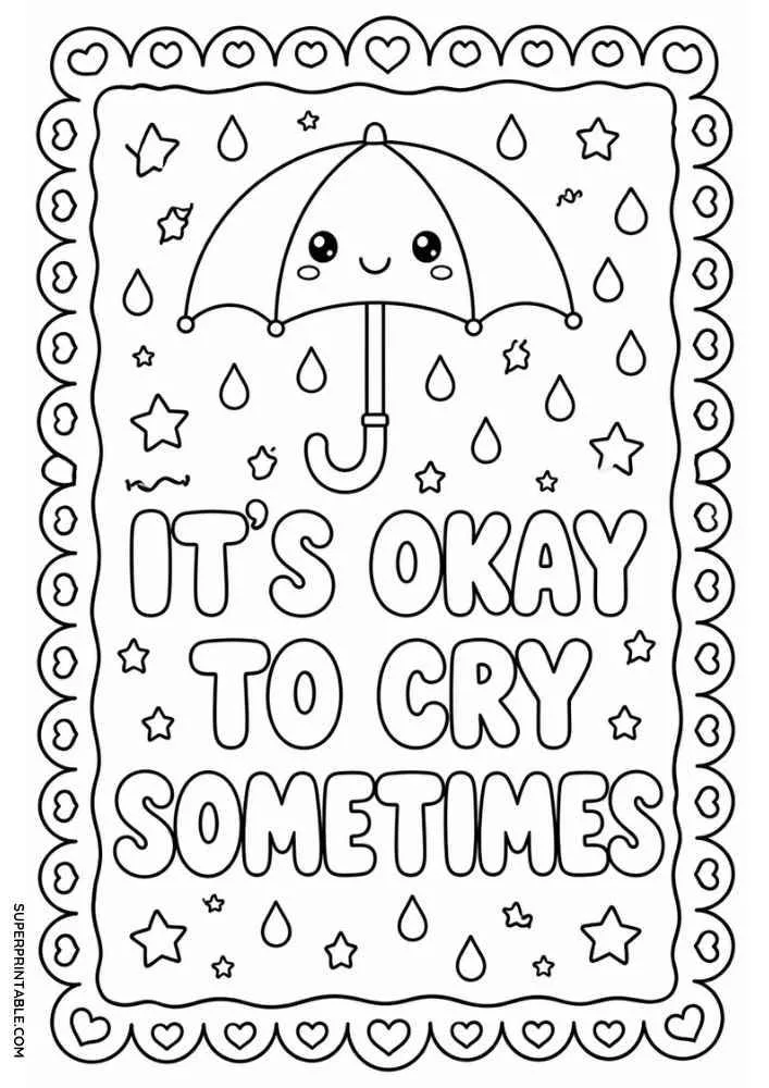 Smiling umbrella, raindrops, stars, hearts, and the quote "It's Okay to Cry Sometimes".