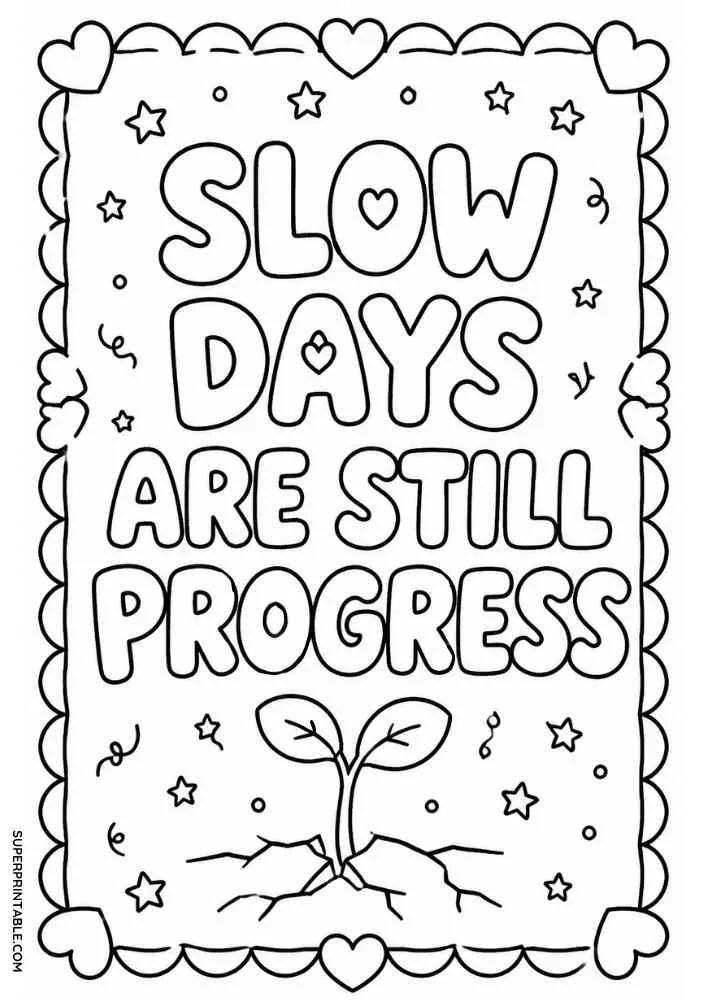 Growing sprout, cracked ground, stars, and the quote "Slow Days Are Still Progress".