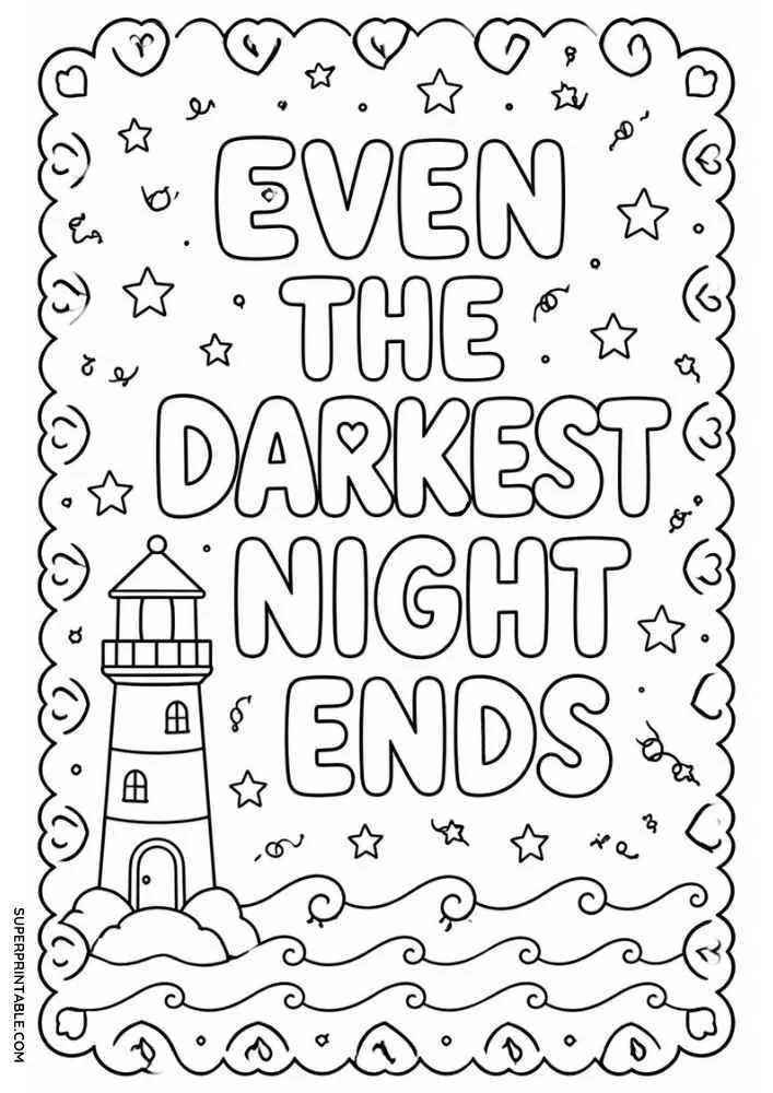 Lighthouse, ocean waves, stars, hearts, and the quote "Even the Darkest Night Ends".