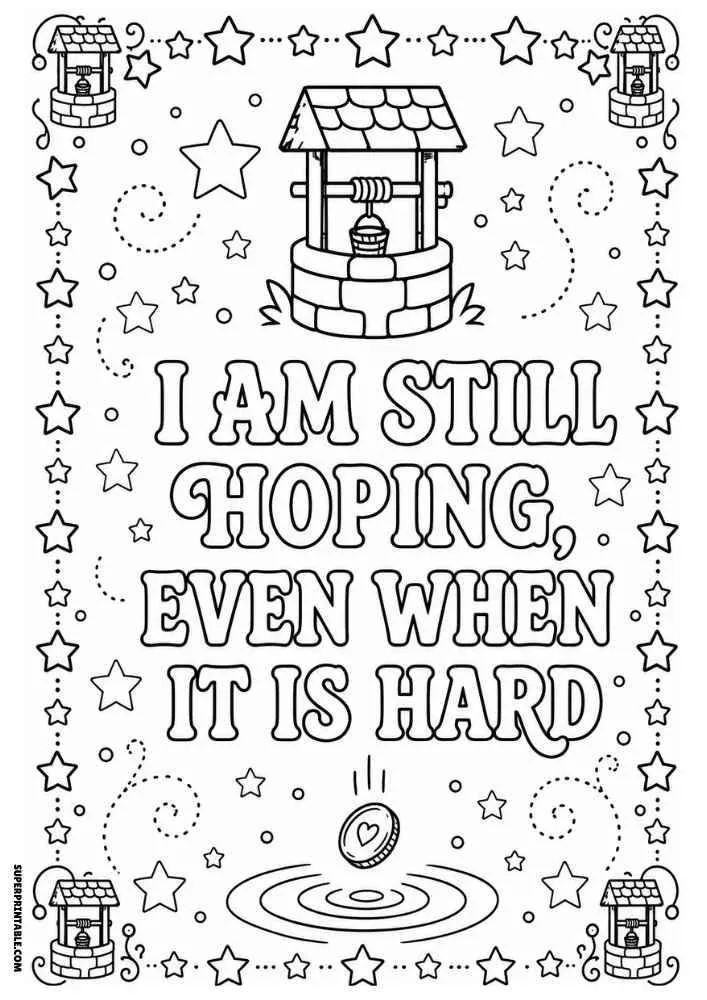 Wishing wells, stars, heart ripple, and hopeful quote coloring page.