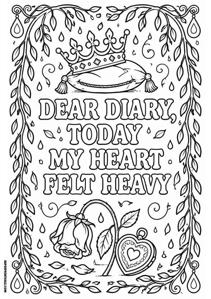 Crown, wilted flower, heart locket, and diary quote coloring page.