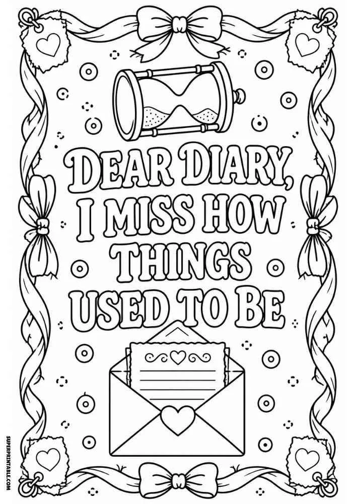 Hourglass, envelope, bows, and nostalgic diary quote coloring page.