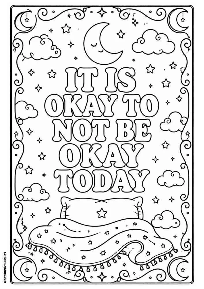 Moon, stars, blanket, and self-care quote coloring page.