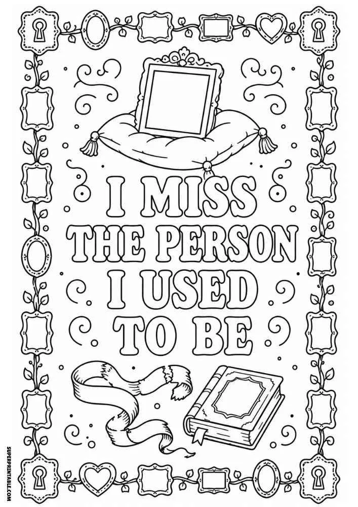 Decorative frames, diary book, and reflective quote coloring page.