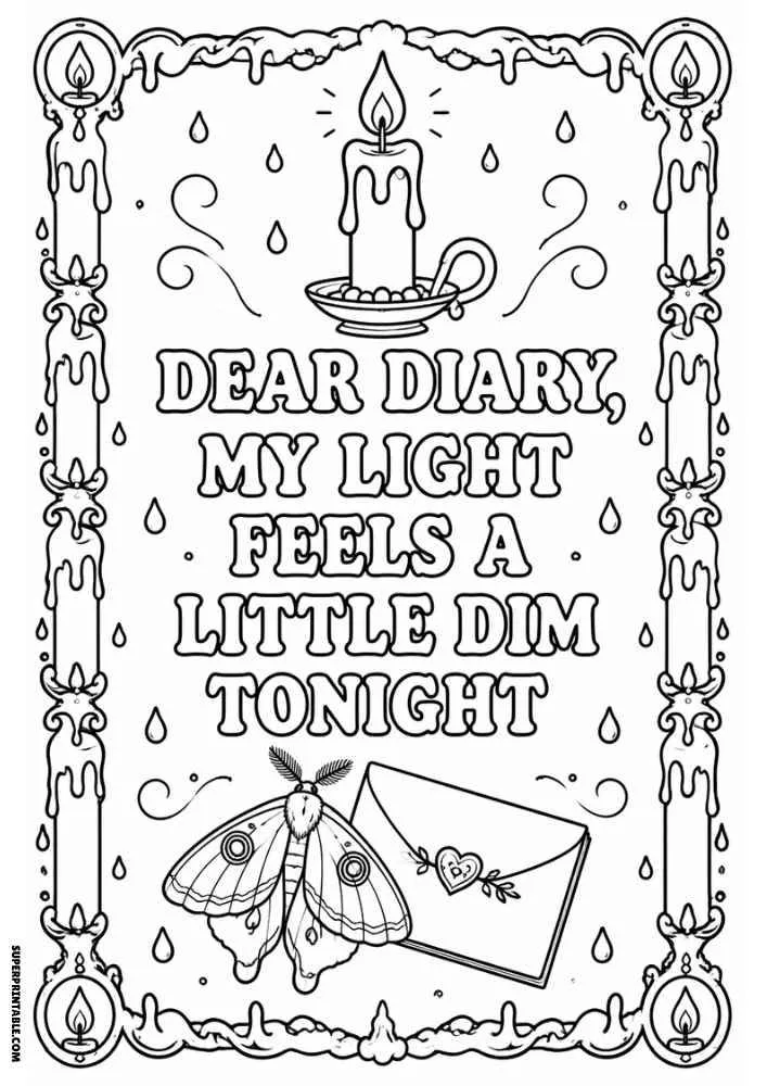 Candles, moth, envelope, and emotional diary quote coloring page.