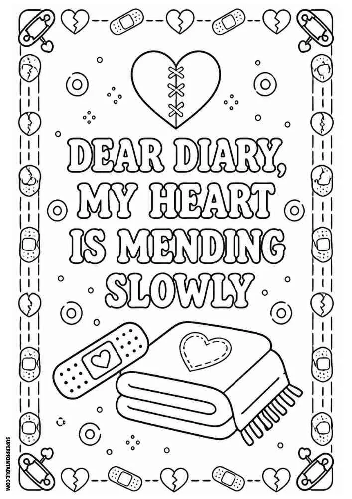 Stitched heart, bandages, blanket, and healing quote coloring page.