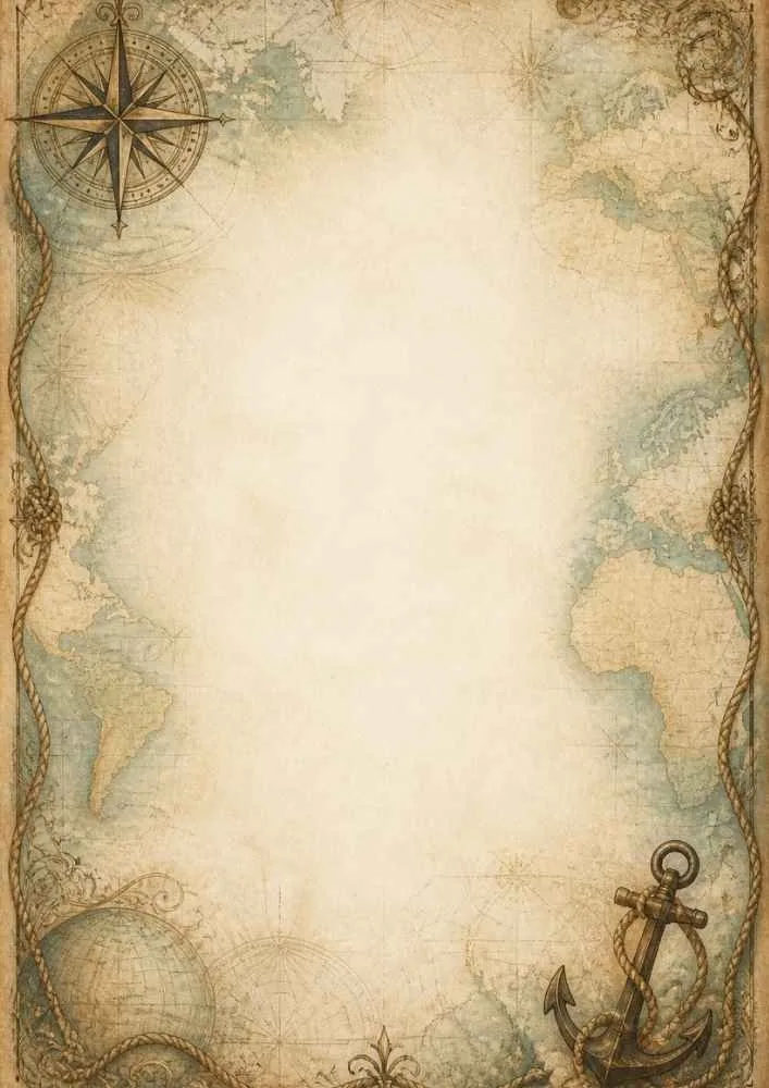 Vintage map border with compass, anchor, ropes, globe, and open center.