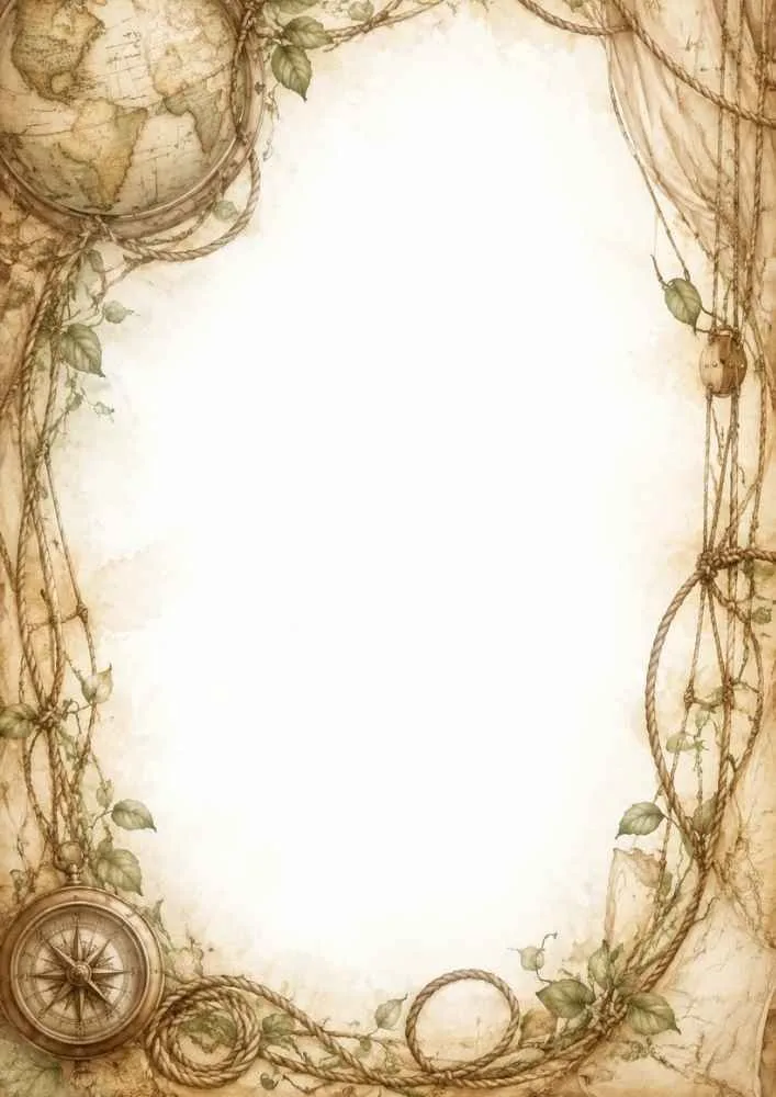 Globe, compass, vines, ropes, and large blank center.