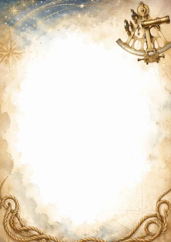 Sextant, stars, compass details, and vintage map border.