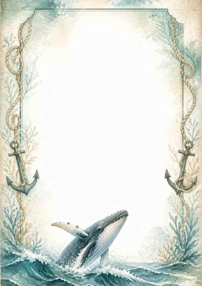 Whale jumping from waves with anchors and ocean border.