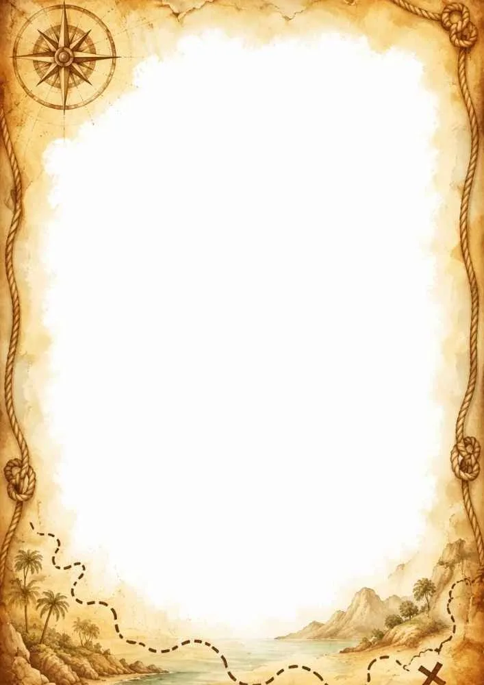 Treasure map border with compass, islands, ropes, and trail.