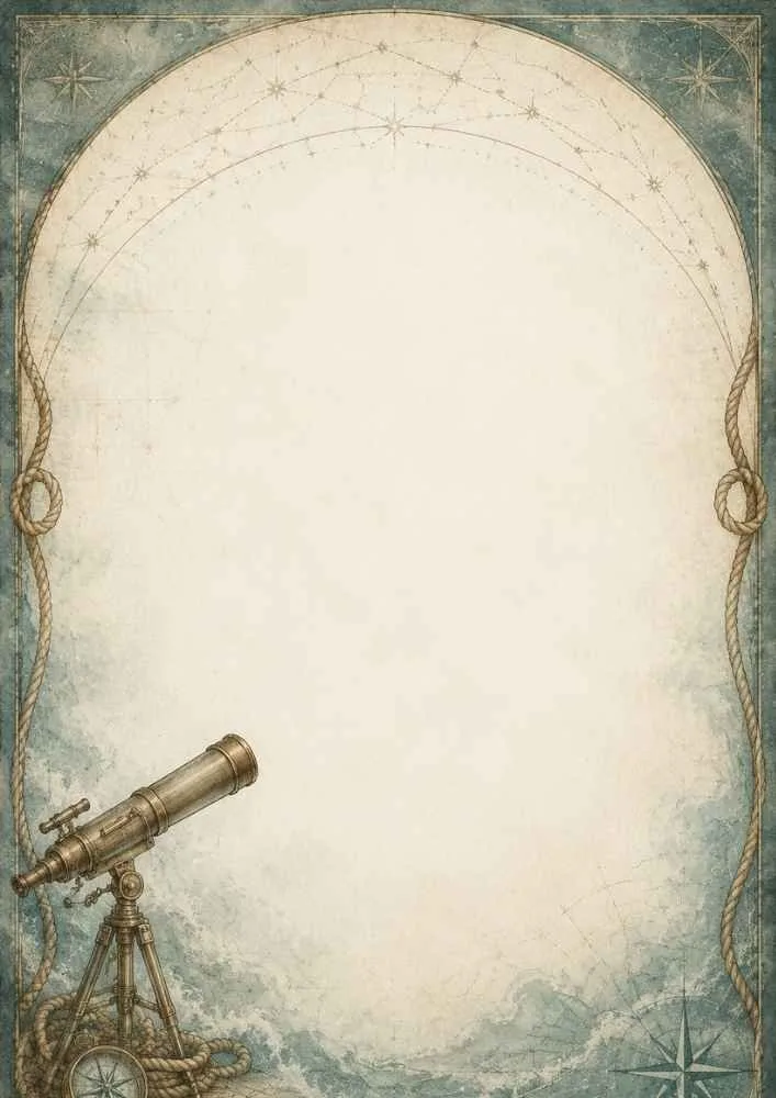 Telescope, compass details, ropes, and nautical frame.