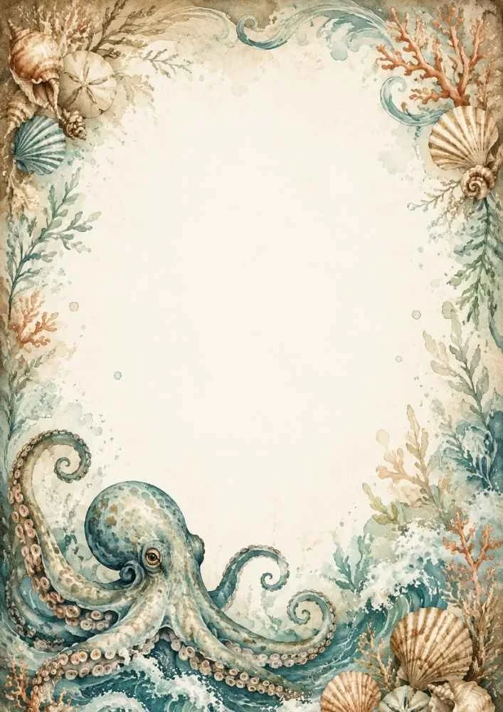 Octopus with shells, coral, waves, and open center area.