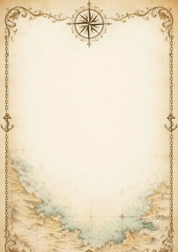 Compass, anchors, chains, and coastal map border.