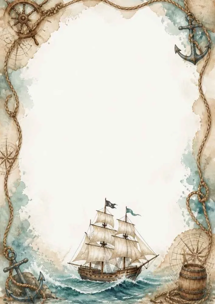 Tall sailing ship with anchors, ropes, barrel, and waves.