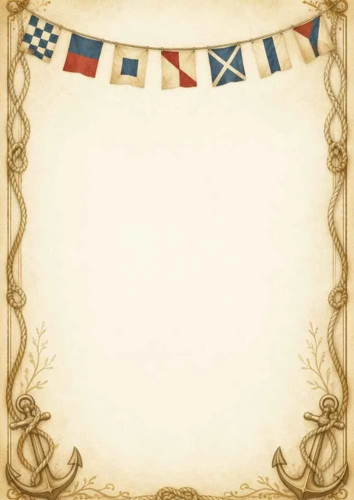 Nautical signal flags, anchors, ropes, and blank center.