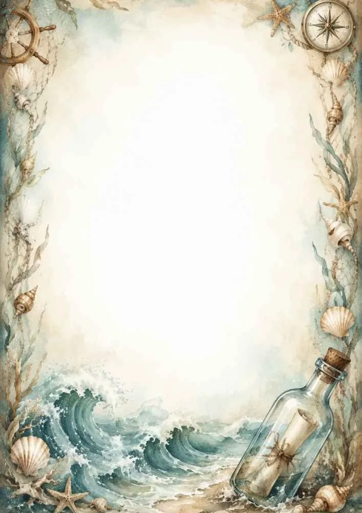 Message bottle, shells, waves, compass, and seaside border.