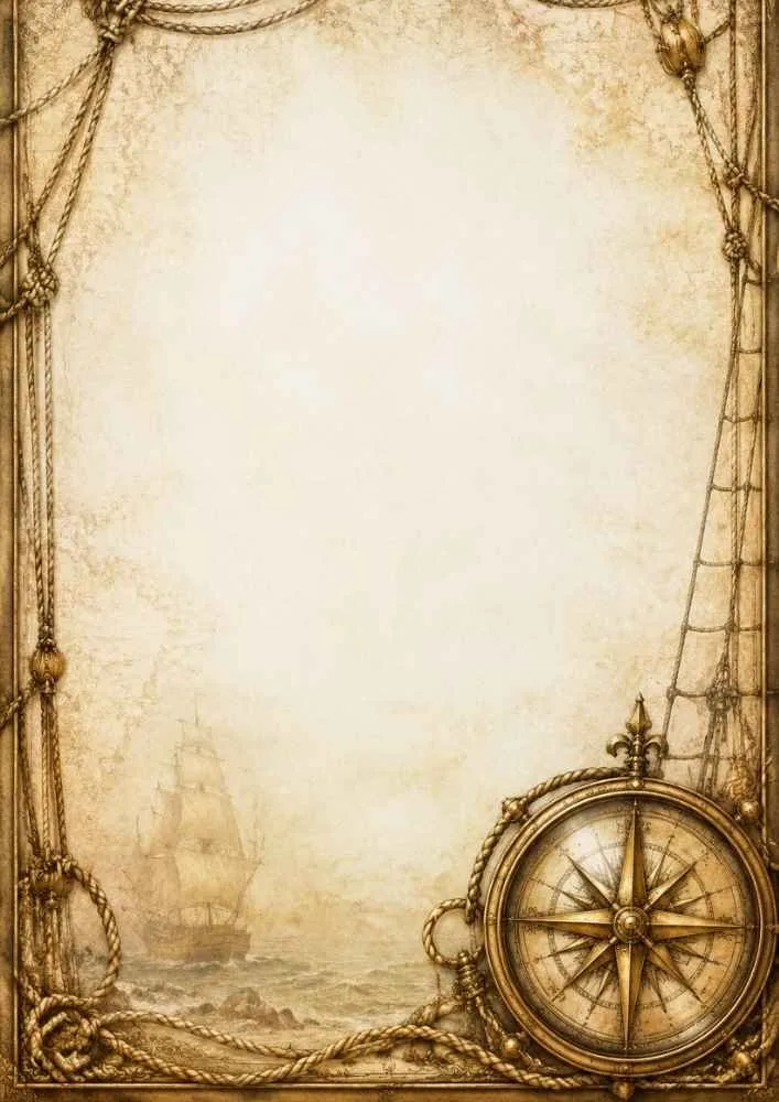 Nautical border with compass, ropes, ship, and open center space.