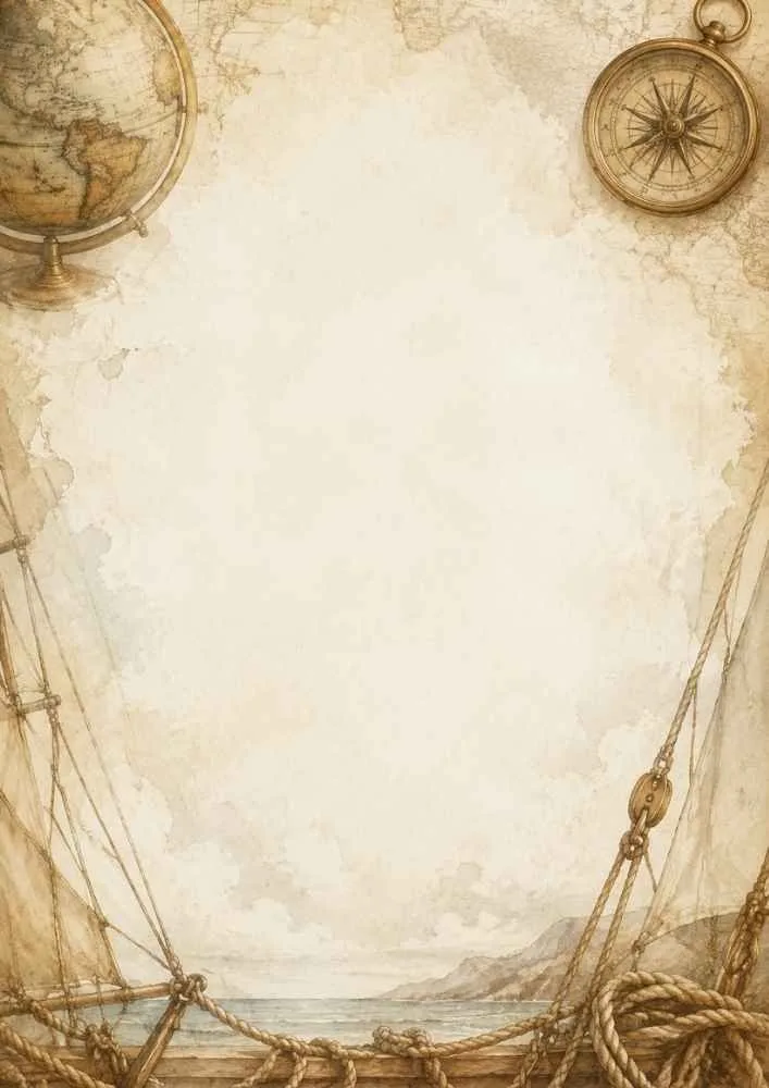 Globe, compass, ship rigging, ropes, and open center.