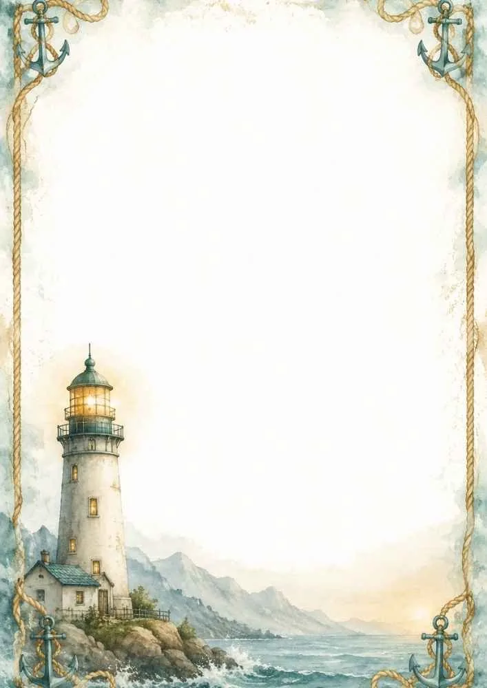 Lighthouse by the sea with rope border and anchors in each corner.