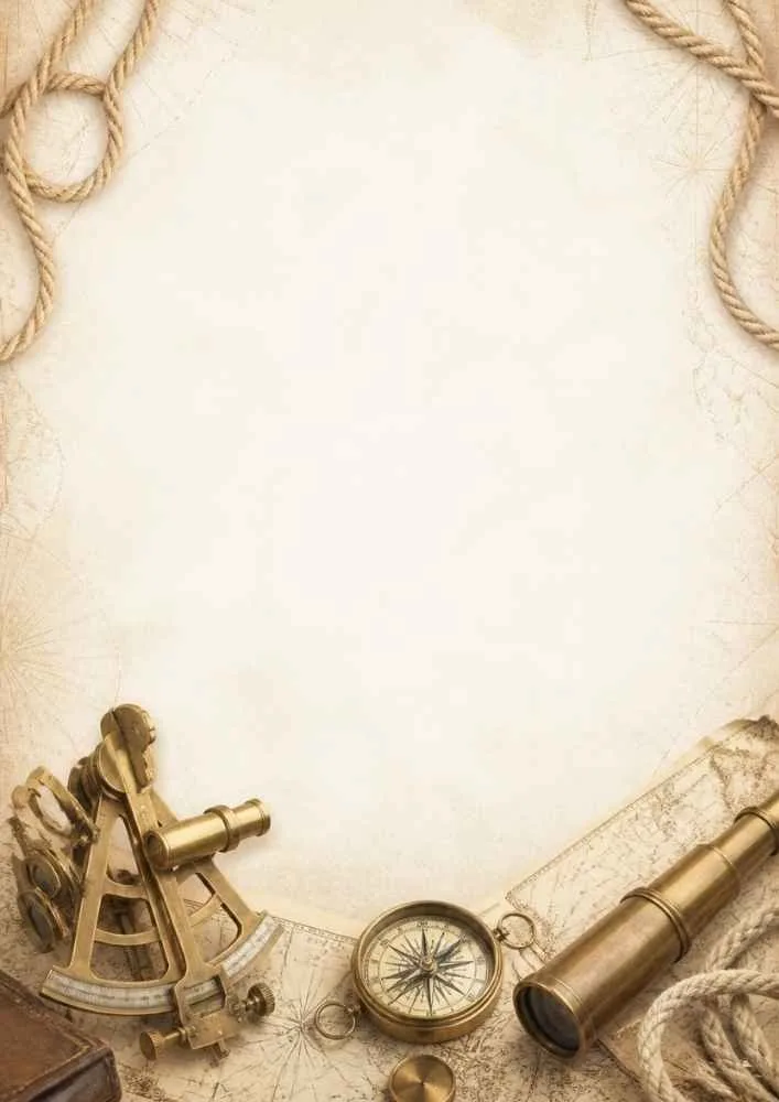 Sextant, compass, telescope, ropes, and vintage map border.