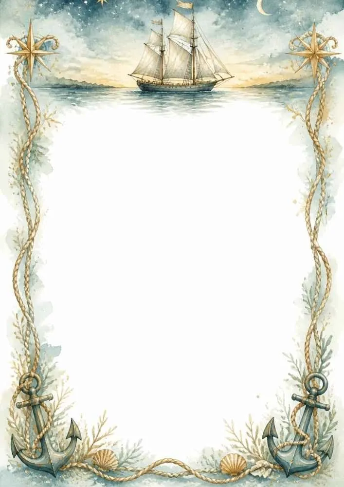 Sailing ship at night with anchors, ropes, and compass decorations.