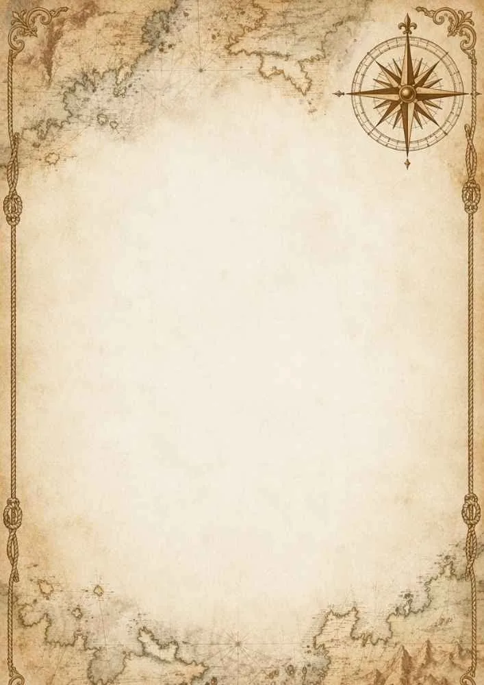 Antique map border with large compass rose and rope details.