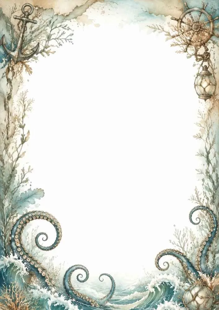 Ocean tentacles, anchor, ship wheel, waves, and sea plants.