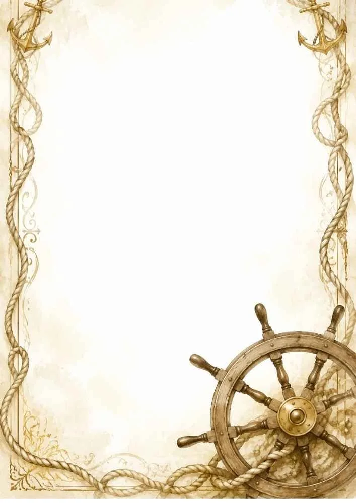 Wooden ship wheel with rope border and nautical decorations.