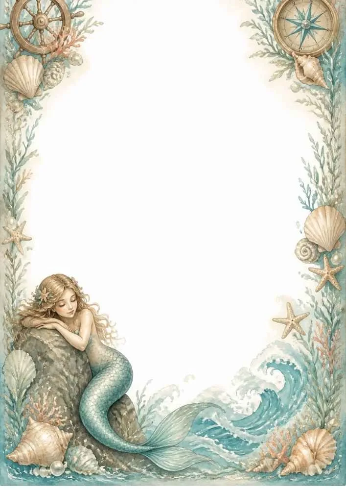 Mermaid on rock with shells, waves, starfish, and compass details.