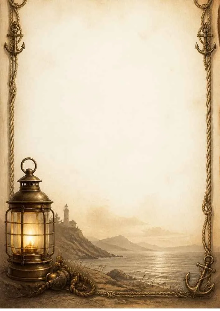 Lantern by the coast with ropes, anchors, and distant lighthouse.