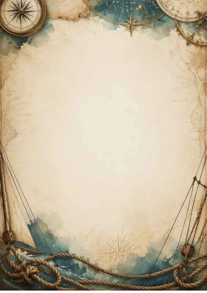 Compasses, stars, nautical charts, ropes, and open center.