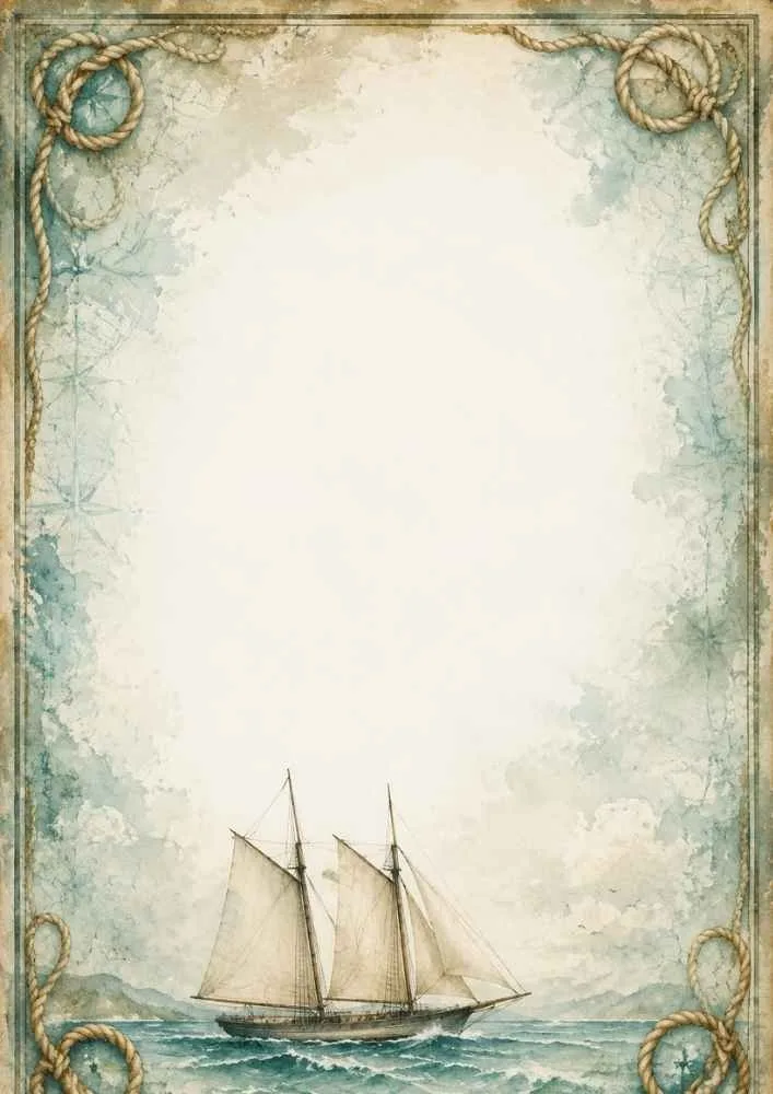 Sailboat on ocean with rope corners and wide blank center.