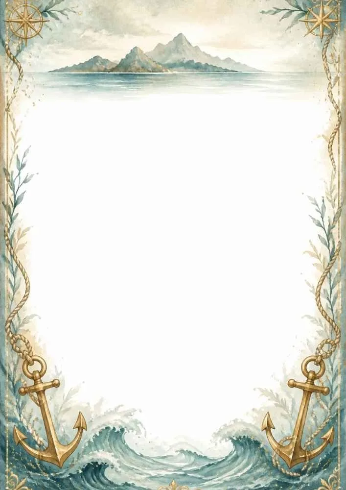 Island across the sea with anchors, ropes, and ocean waves.