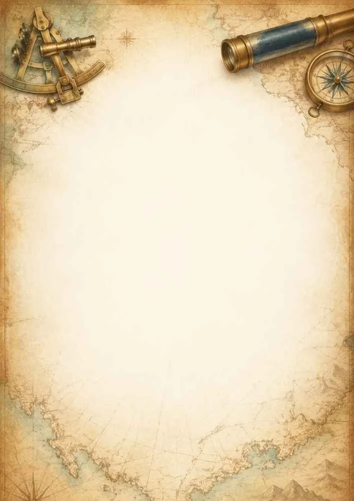 Telescope, compass, sextant, and map border around blank center.