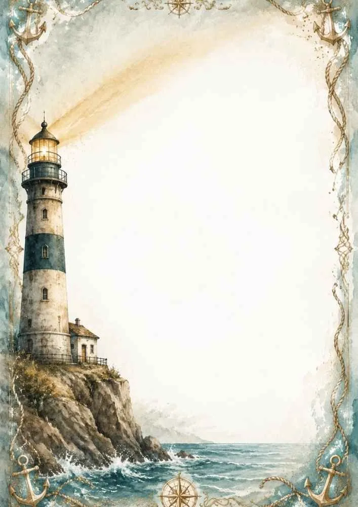 Lighthouse on cliffs with ocean, anchors, ropes, and blank center.