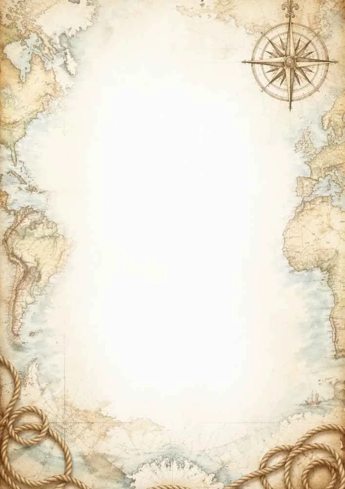World map border with compass rose, ropes, and open center.