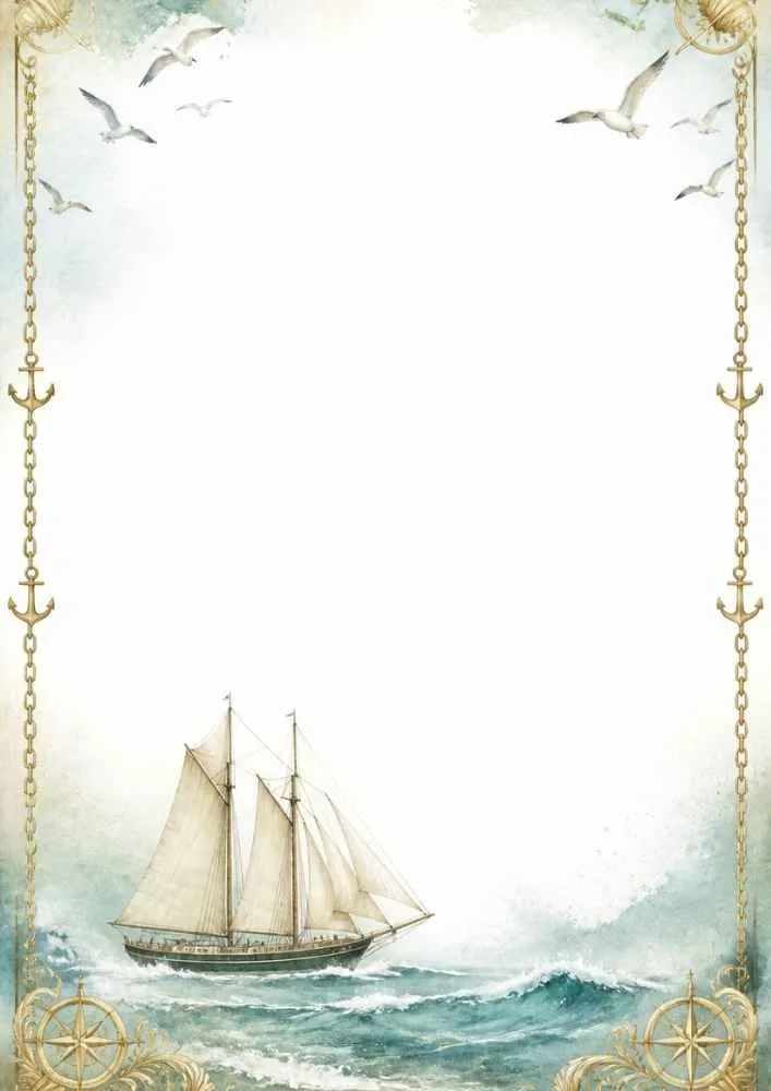 Seagulls above a sailboat with chain and anchor borders.