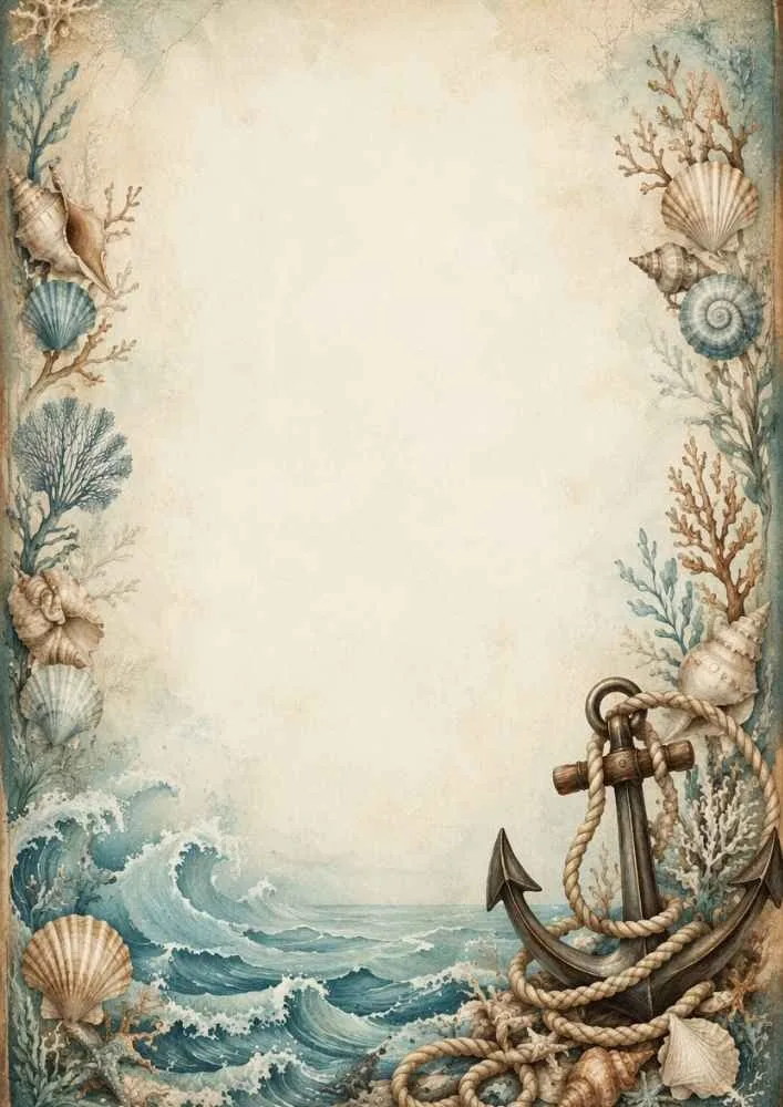 Anchor, seashells, coral, waves, and open center space.