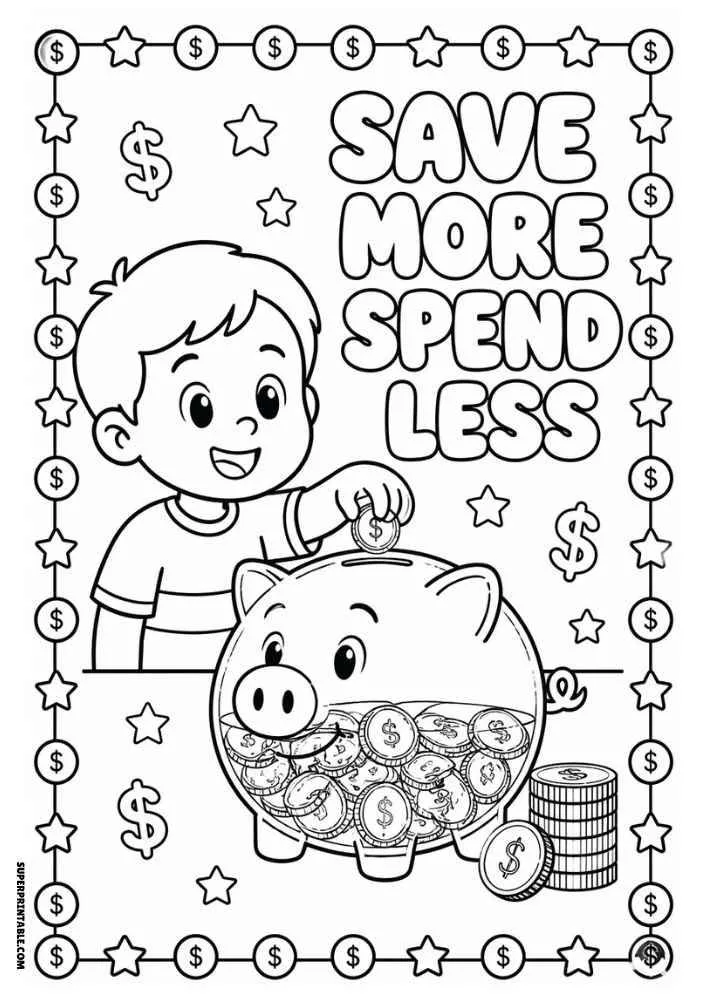 Child putting a coin into a piggy bank with the quote "Save More Spend Less" and coin border.